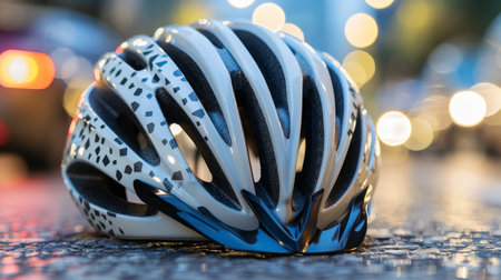 Close up view of bicycle helmet on urban street pavement following a car collisionの素材