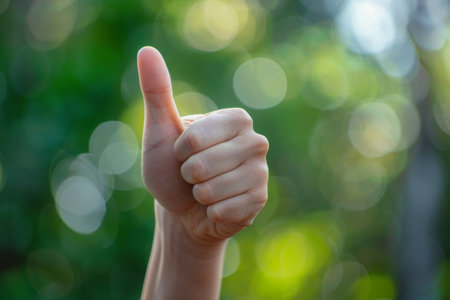 Business people showing thumbs up gesture with hands on blurred background in close up viewの素材