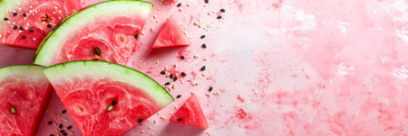 Ripe organic watermelon slice on pastel background with ample space for text placementの素材