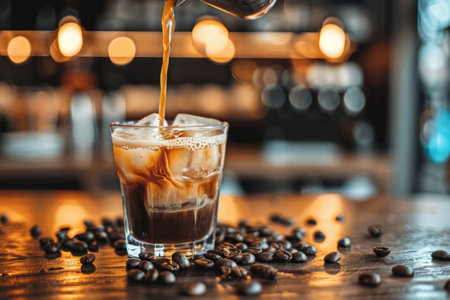 Pouring milk into iced coffee on vibrant table, creating a refreshing drink on a sunny dayの素材