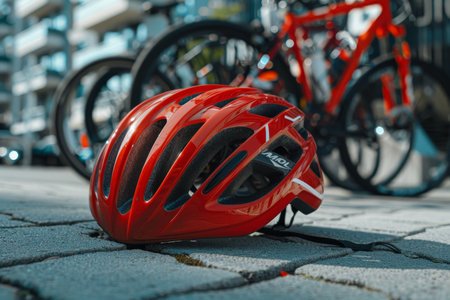 Close up of bicycle helmet and bike on urban street following automobile collisionの素材