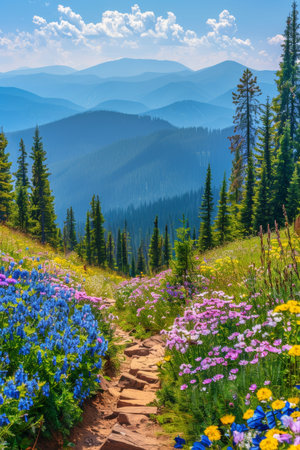 Breathtaking mountain summit scenery with clear sky, lush path, and refreshing greeneryの素材