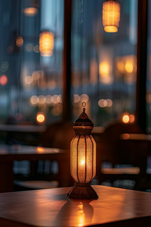 Elegant arabic lantern casting warm glow on table amidst enchanting blurred backgroundの素材