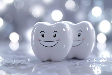 Cheerful dental cartoon characters promoting dental care on blurred background with copy spaceの素材