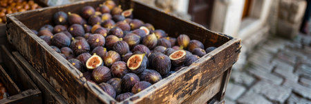 Ripe figs in wooden crates at mediterranean market with traditional architectureの素材
