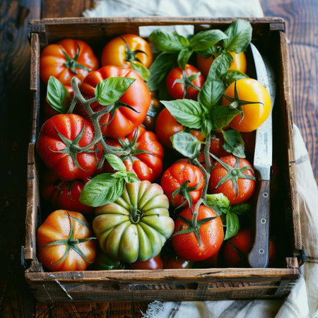 Vibrant tomato garden  ripe red and golden yellow tomatoes in wooden crate among green foliageの素材