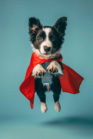 Flying canine superhero with cape on gradient pastel background for text placementの素材