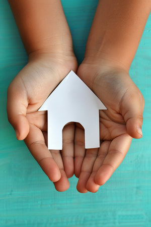 Child s hands holding diy paper house on pastel background, with space for text placementの素材