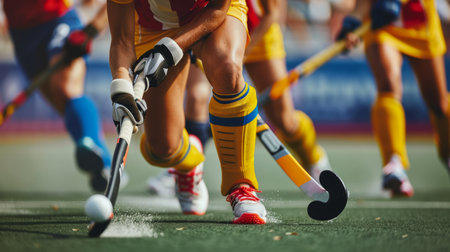 Intense moment  field hockey players  faces in close up during penalty corner at summer olympicsの素材
