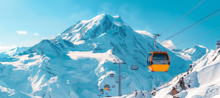 Close up of orange ski lift gondola with snow capped mountain range in the backgroundの素材