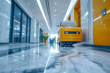 Efficient floor cleaning in modern office with advanced machinery for optimal resultsの素材