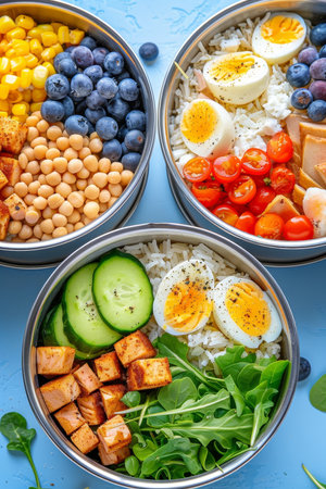 Top view of a colorful lunch box filled with nutritious food, isolated on a soft pastel backgroundの素材