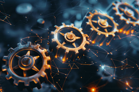 Dynamic close up of synchronized gears with sparks, blurred background, and space for textの素材