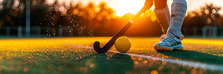 Field hockey player showcases skill in olympic sport concept, maneuvering stick past defendersの素材