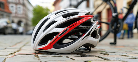 Close up of bicycle helmet on city street pavement after automobile accident sceneの素材
