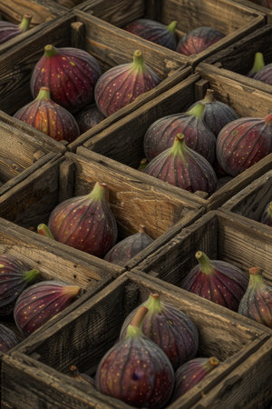 Ripe figs in wooden crates at mediterranean market with traditional architecture and cobblestoneの素材