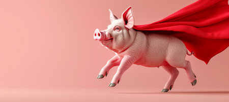 Flying pig superhero in cape on gradient pastel background with ample space for text placementの素材