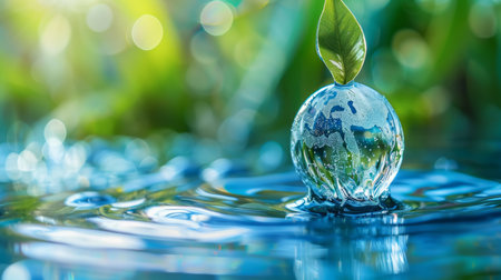 Planet earth shaped water droplet   water conservation concept with space for textの素材