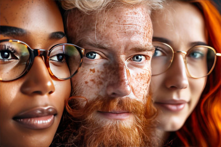 Collage of diverse human faces blending various ages, genders, and races in unique portraitsの素材