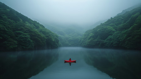 Solitary angler at dawn  fishing on misty lake with red rod, encircled by verdant hillsの素材