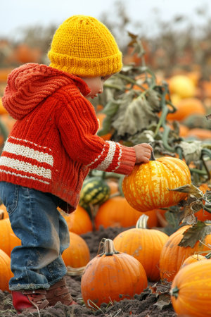 Young child gathering pumpkins in halloween patch for festive autumn decorationsの素材