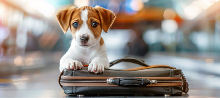 Puppy travel  cute dog in suitcase at airport with airplane, perfect for a delightful vacationの素材