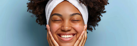 Graceful woman demonstrating a meticulous skincare routine for glowing complexionの素材