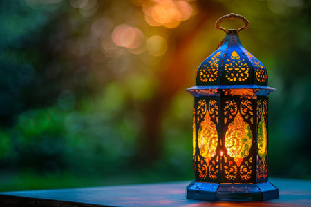 Arabesque lantern casting warm light on table against mesmerizing blurred backdropの素材