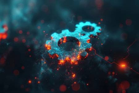 Fiery sparks  close up view of moving synchronizing gears with blurred background and space for textの素材