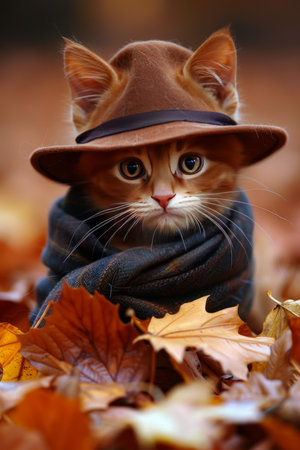 Charming cat in hat and scarf on fall backdrop with ample room for text placementの素材