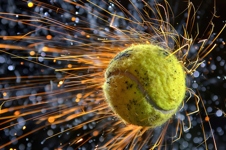 Burning tennis ball streaking through neon lit city, casting fiery trails in urban sceneryの素材