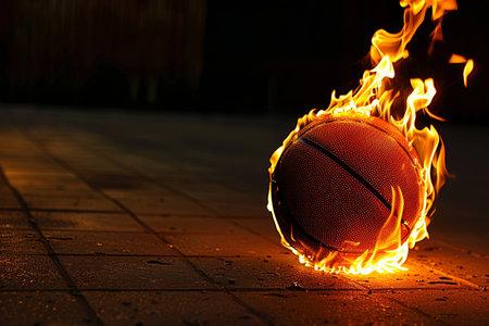 Fiery basketball flying in dimly lit alley with flames trailing behind, creating a dramatic sceneの素材