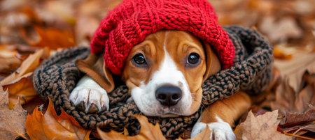 Sweet puppy in stylish hat and scarf on autumn backdrop with ample space for text insertionの素材