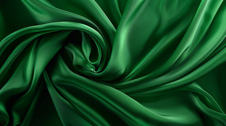 Luxurious green silk drapery background with wavy abstract satin texture patternの素材