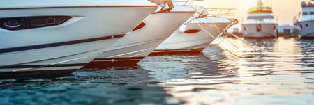 Tranquil harbor scene with private boats at golden hour, ideal for text placementの素材
