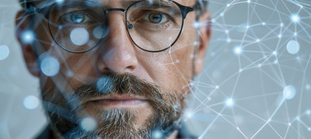Programmer with eyeglasses reflecting while analyzing big data on computer screenの素材