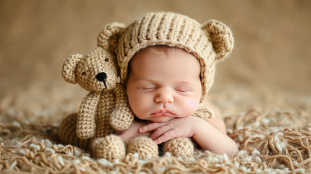 Charming baby boy in bear themed jumpsuit peacefully sleeping next to a teddy bear in a cozy bedの素材