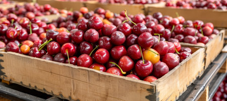 Ripe cherries in wooden crates  cozy warehouse setting for rustic food advertisementの素材
