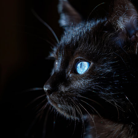 Black cat with blue eyes portrait on dark background captured with sony a1 at 85mm f8の素材