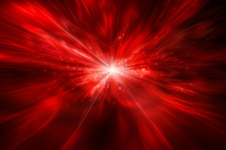 Vibrant red light burst  abstract rays on dark red background with orange and golden sparklesの素材