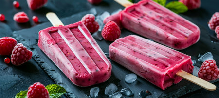 Delicious fruit and berry yogurt popsicle bars   frozen treats on sticks with natural sweetnessの素材