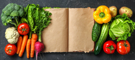 Vegetable themed weight loss notebook mockup for diet planning concept from top viewの素材