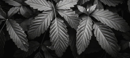 Abstract black leaf textures  dark tropical background with flat lay design and nature conceptの素材