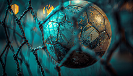 Celebratory moment  handball goal close up captures ball hitting net at summer olympicsの素材
