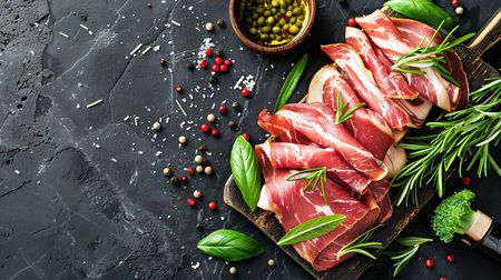 Top view of parmesan and serrano ham slices with ample space for personalized text placementの素材