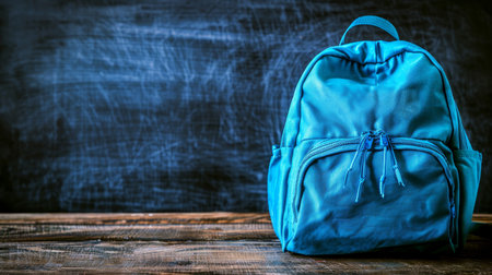Vibrant blue school backpack close up on wooden desk with softly blurred chalkboard backgroundの素材