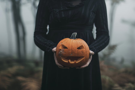 Eerie vampire in dense fog with wicked grin pumpkin, creating spooky atmosphere and vibrant contrastの素材