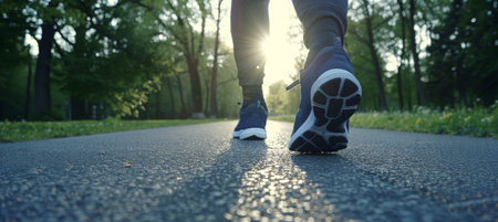 Feet in comfy shoes strolling to lively outdoor event, hinting at casual team bondingの素材