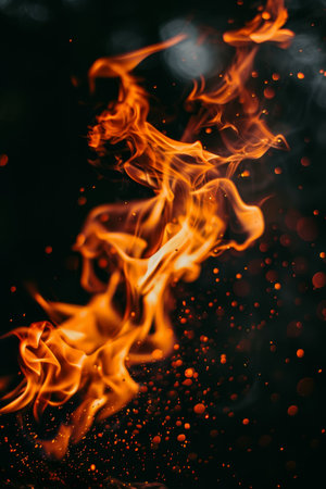 Close up of intense flames and smoke on dark background for dramatic visual impactの素材