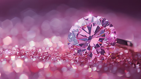 Ethereal pink diamond ring reflecting shimmering rainbows on soft black backgroundの素材